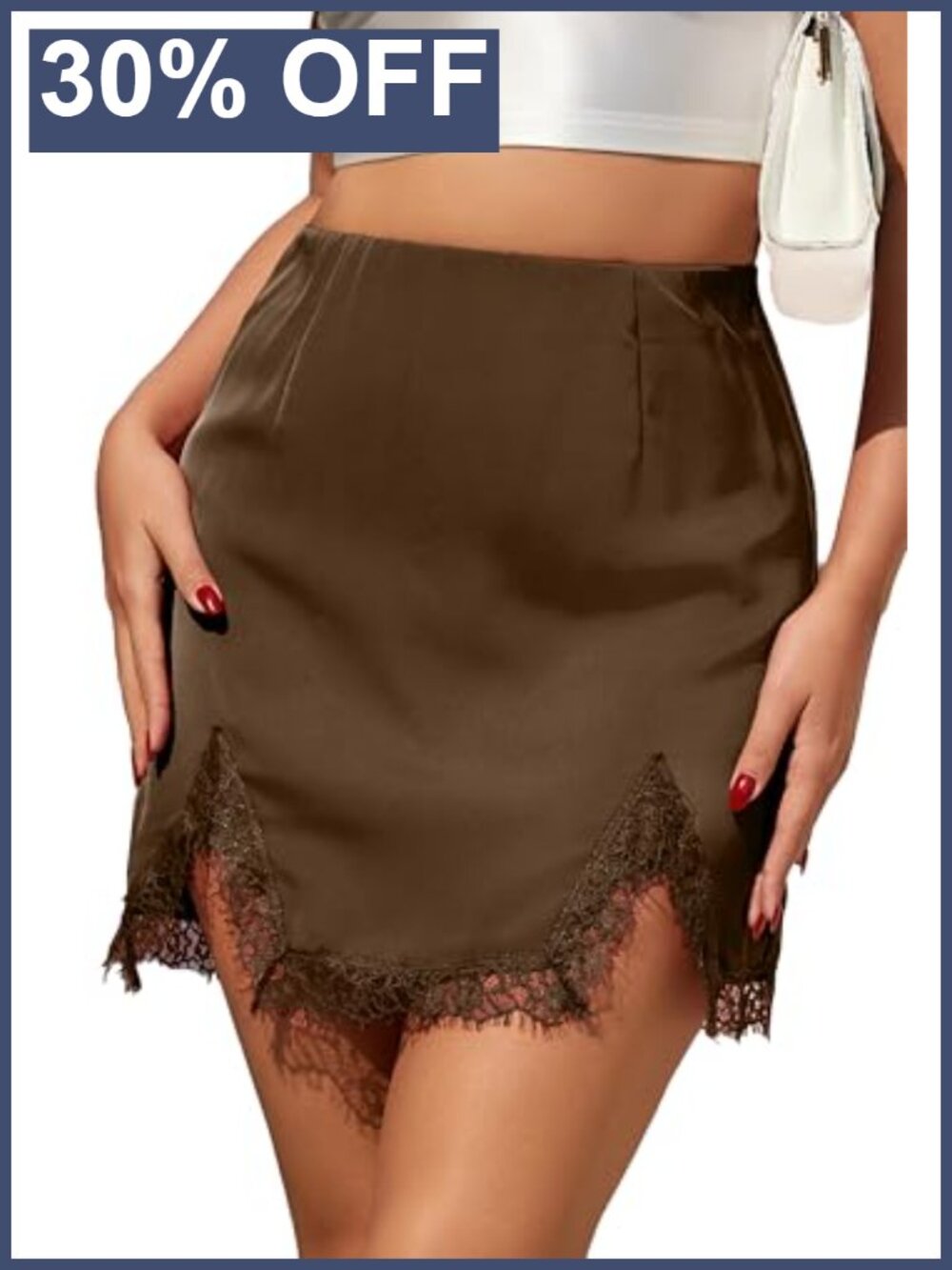 Satin Lace Trim Mini Skirt High Waist Split Hem A-Line Bodycon